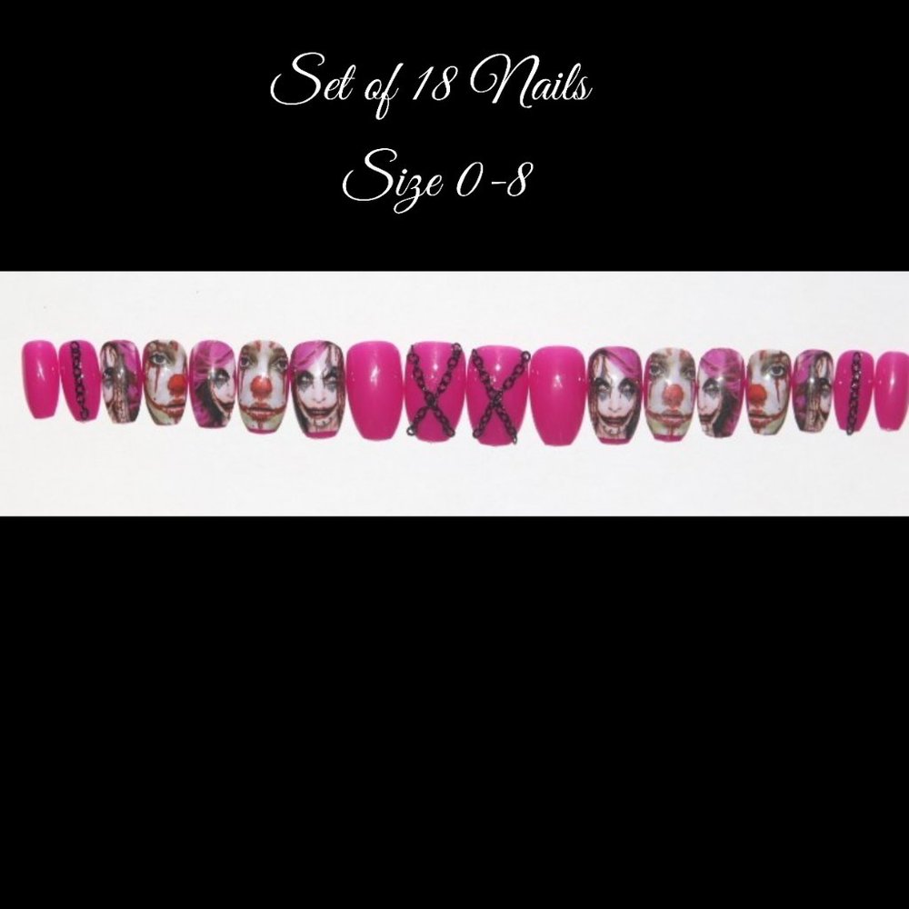 Bright pink Clown with black chain- press on nail